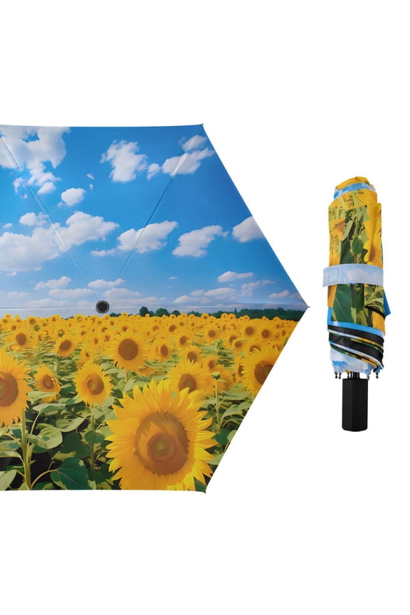 Sunflowers and Blue Sky Compact Sun Umbrella Windproof Travel Umbrellas for Rain Strong Portable UV Protection