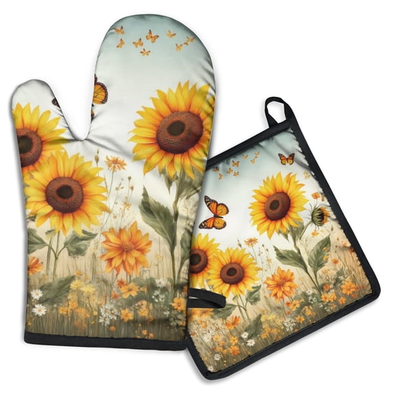 Sunflowers and Butterflies Kitchen Oven Mitt and Pot Holder Sets 2 Pcs for Baking, Cooking and Grilling, Heat Resistant Up To 392 °F