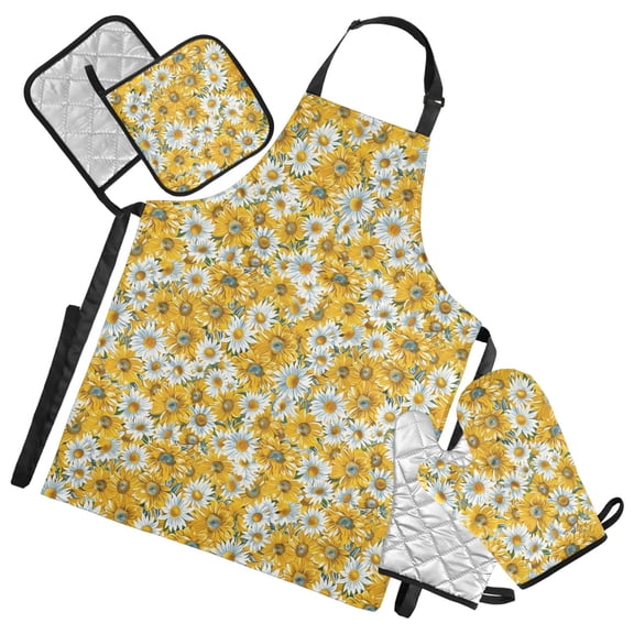 Sunflowers and Chrysanthemum 5 Pcs Kitchen Set Heat Resistant Oven Mitts and Non-Slip Pot Holders with Adjustable Cooking Apron