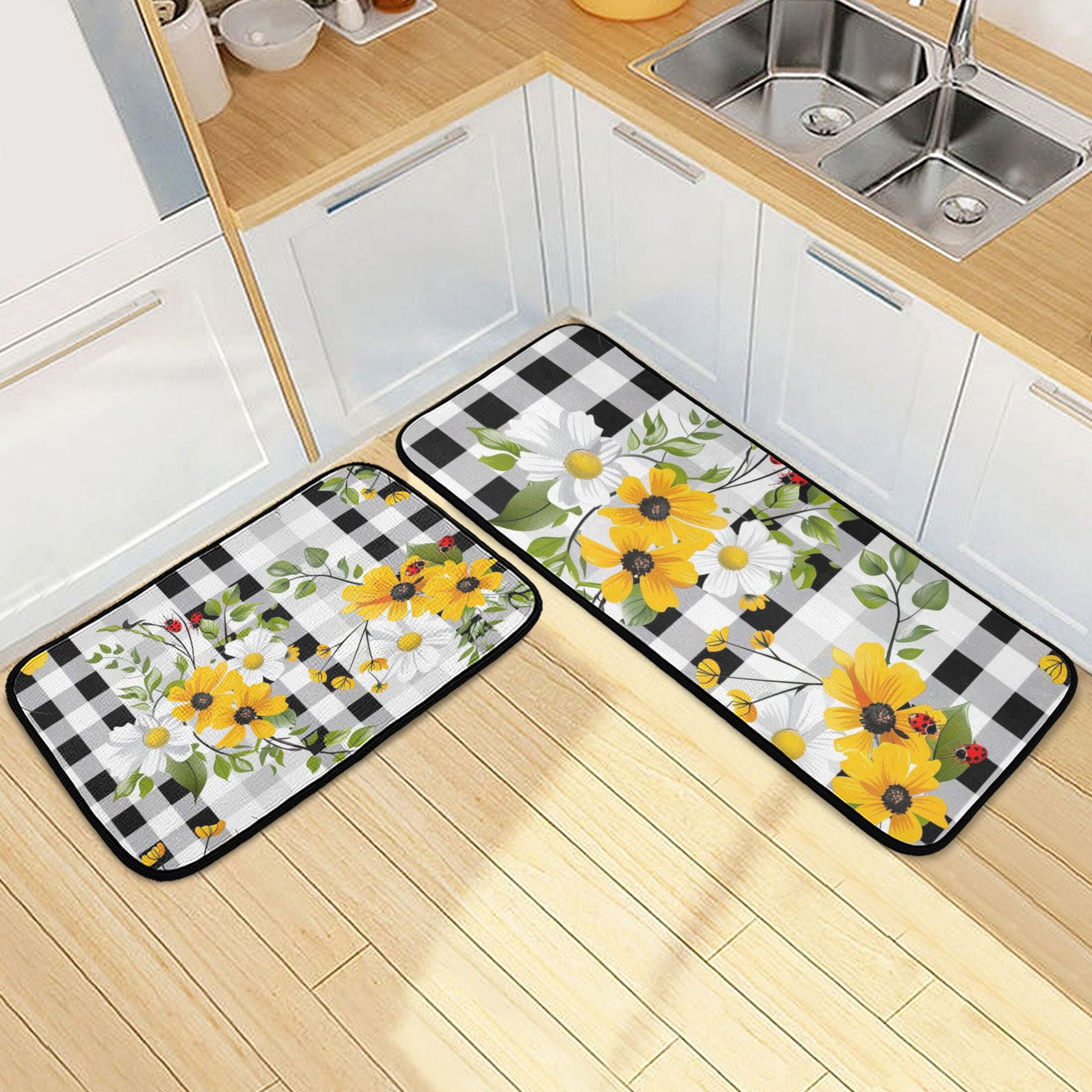 Sunflowers and Lattice Kitchen Rugs Set of 2 Non Slip Floor Foam Mat ...