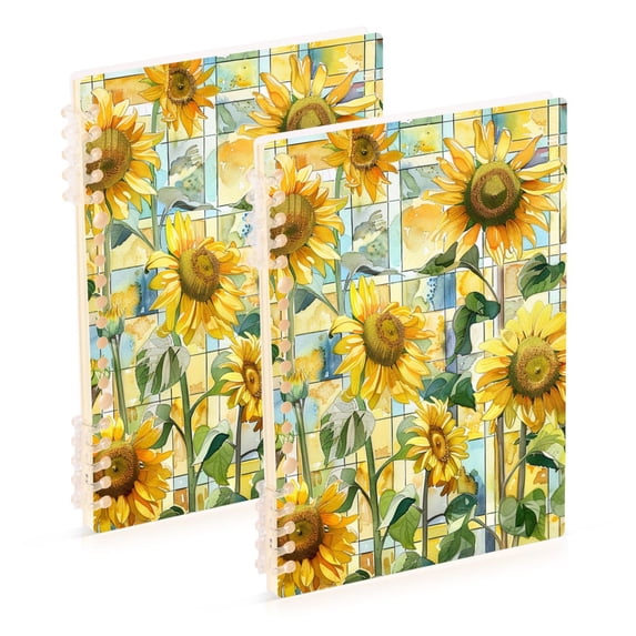 Sunflowers and Lattice Ring Binder Notebook Journey Note Diary College Ruled Spiral Notebook Study Loose Leaf Paper A5 60 Pages