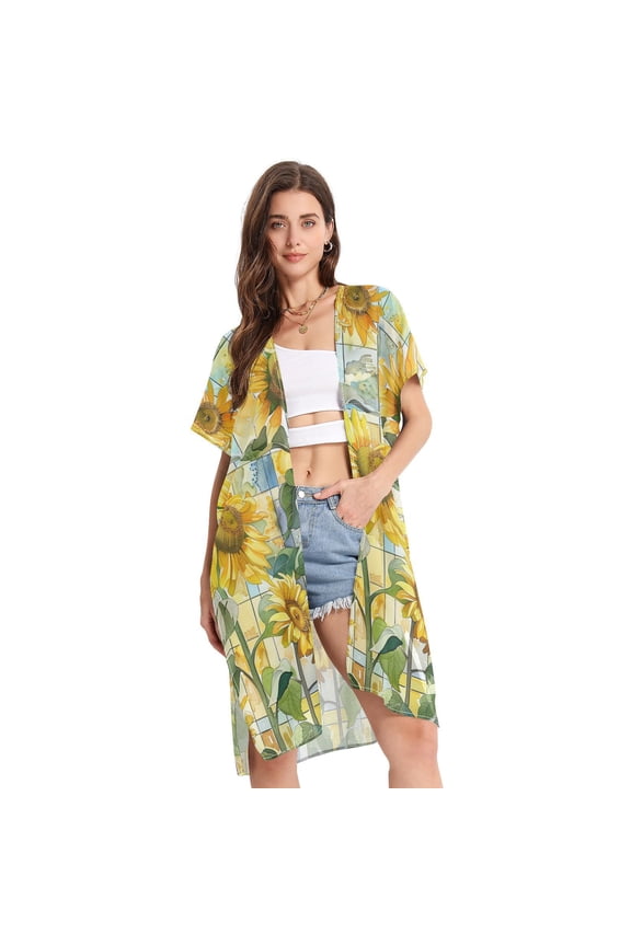 Sunflowers and Lattice Women Swimsuit Cover up V Neck Beach Dress Short Sleeve Vacation Outfits Swimwear