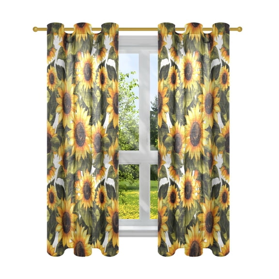 Sunflowers and Leaf Semi Sheer Curtains for Living Room Bedroom Set of 2 Insulated Window Drapes