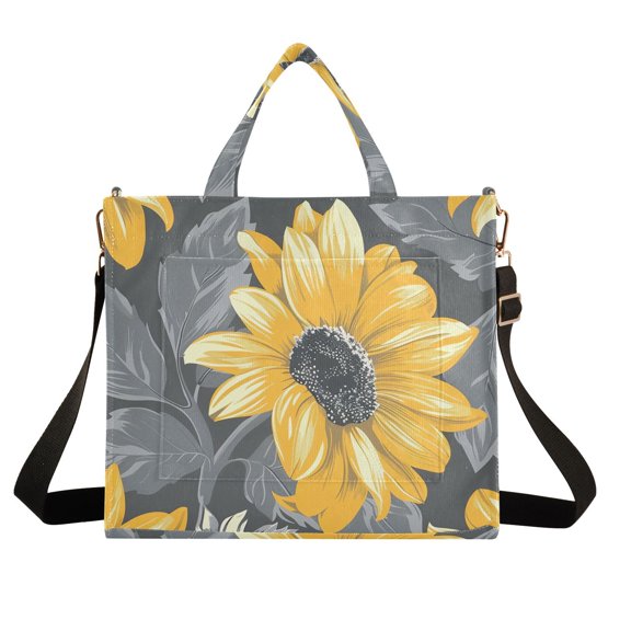 Sunflowers and Leaves Corduroy Tote Bag Handbag Large Messenger Bag Shoulder Crossbody Zipper Bag Purse