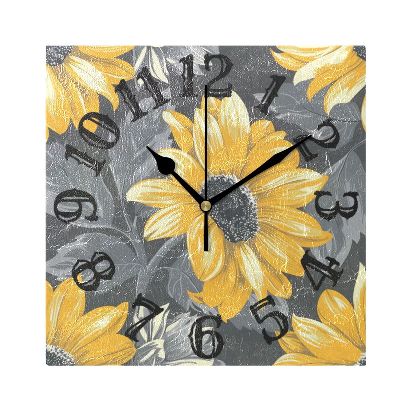 Sunflowers and Leaves Wall Clock Square Silent Non Ticking Battery ...