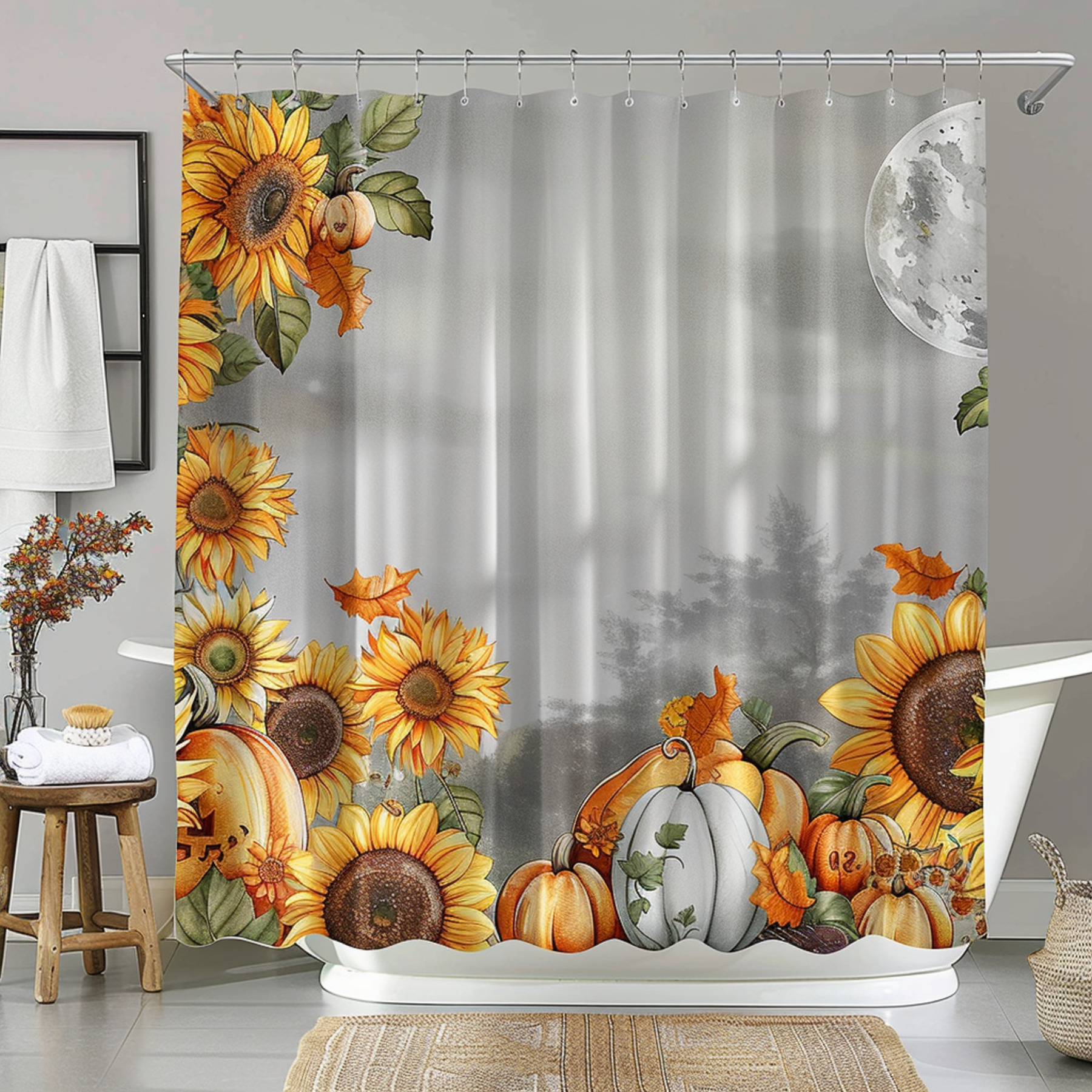 Sunflowers and Pumpkins Fall Themed Bathroom Shower Curtain with Grey