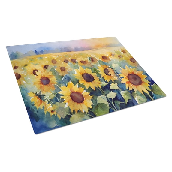 Sunflowers in Watercolor Glass Cutting Board Large 12 in x 15 in