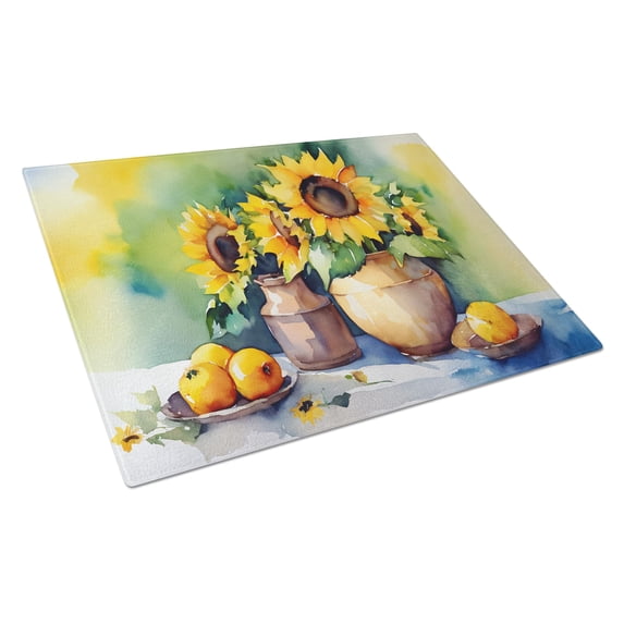 Sunflowers in Watercolor Glass Cutting Board Large 12 in x 15 in