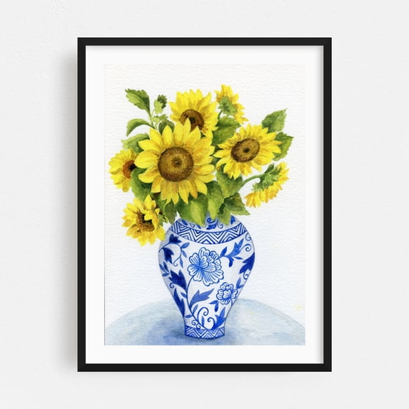 Sunflowers in a Blue and White Vase - Painting Floral Flowers Botanical Kitchen Decor Black Framed Wall Art Print 12 x 18 inches