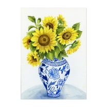 Sunflowers in a Blue and White Vase - Painting Floral Flowers Botanical Kitchen Decor Watercolor Unframed Wall Art Print 4 x 6 inches