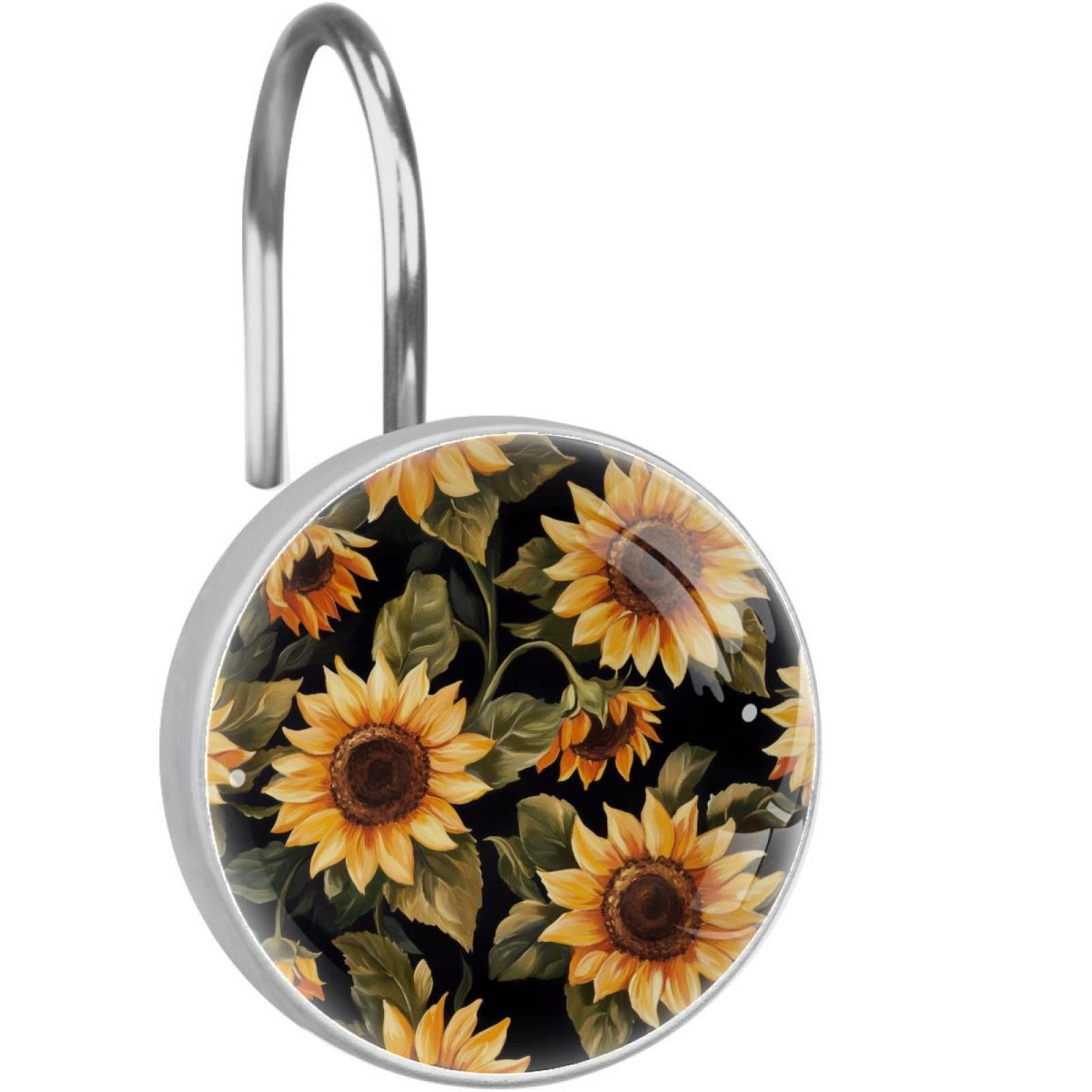 Sunflowers on Black Shower Curtain Hooks Round Crystal Glass, Set of 12 Shower Curtain Rings - Shower Hooks for Curtain Shower Rings