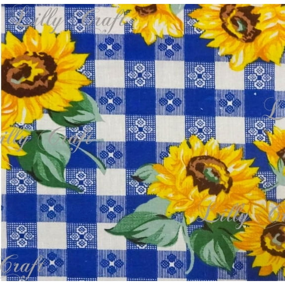 Sunflowers on Blue Checkered Poly Cotton, 58"/60" Inches Wide ? Sold By The Yard