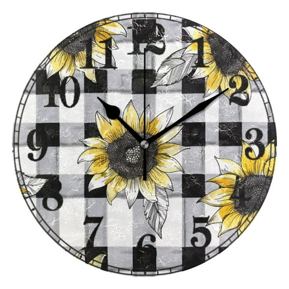Sunflowers on Checkered Grid Silent Wall Clock 10" Non-Ticking Battery Clock