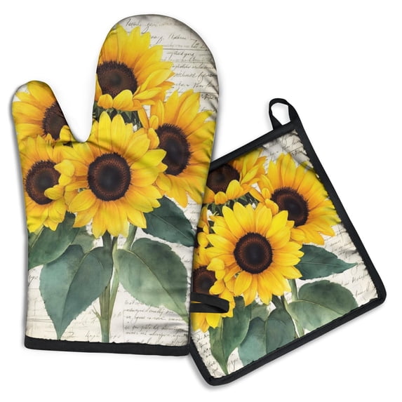 Sunflowers on Vintage Paper Kitchen Oven Mitt and Pot Holder Sets 2 Pcs for Baking, Cooking and Grilling, Heat Resistant Up To 392 °F