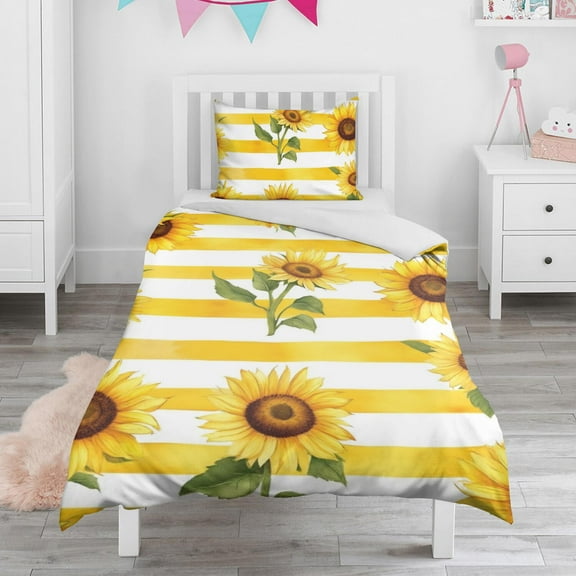 Sunflowers on Yellow Stripes Duvet Cover and Pillowcase Set for Single Bedding, Bedroom Accessories for Kids Teens