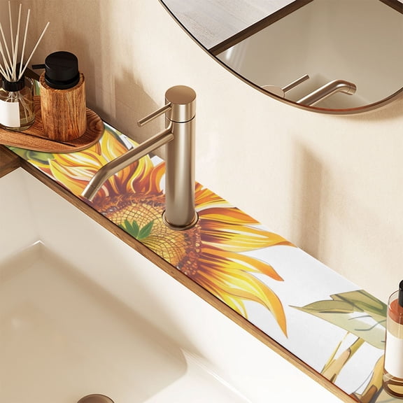 Sunflowers with Bamboo Sink Splash Guard Faucet 30x5.4in Drying Mat Drying Mat Absorbent Pad for Bathroom Kitchen 1PCS