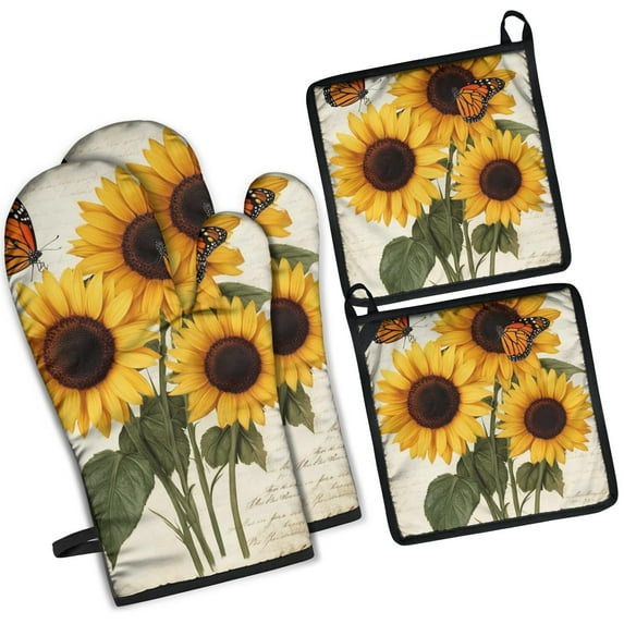 Sunflowers with Butterflies Kitchen Oven Mitt and Pot Holder Sets 4 Pcs for Baking, Cooking and Grilling, Heat Resistant Up To 392 °F
