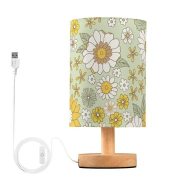 Sunflowers with Yellow Floral Bedside Table Lamp LED Warm Lights with USB Charging Port Retro Cylinder Desk Lamps
