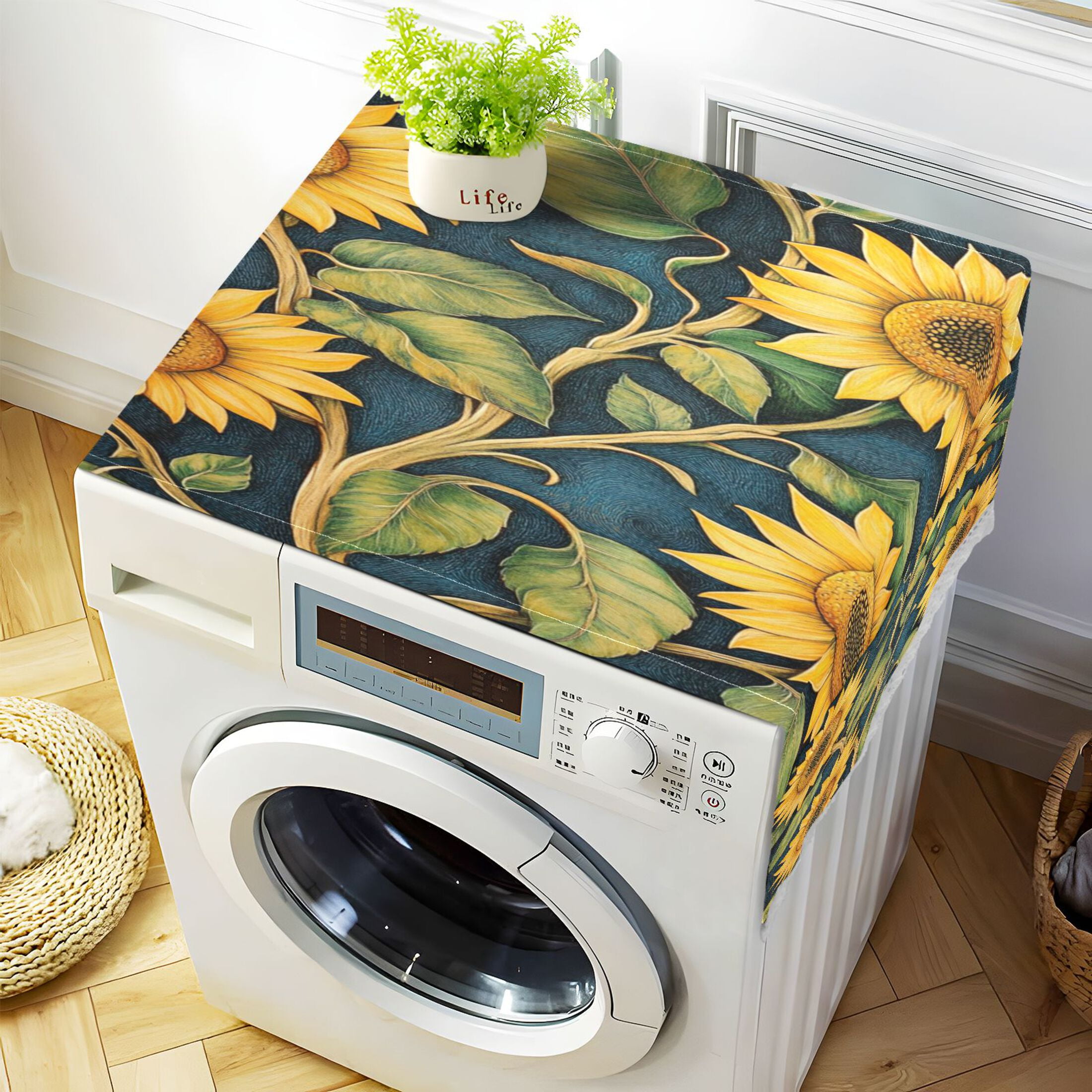 SunflowersWasher and Dryer Covers Dust-Proof and Oil Resistant Fridge Cover with 4 Storage Pockets Washing Machine Top Cover for Laundry Kitchen Home 51.2 x 22 In