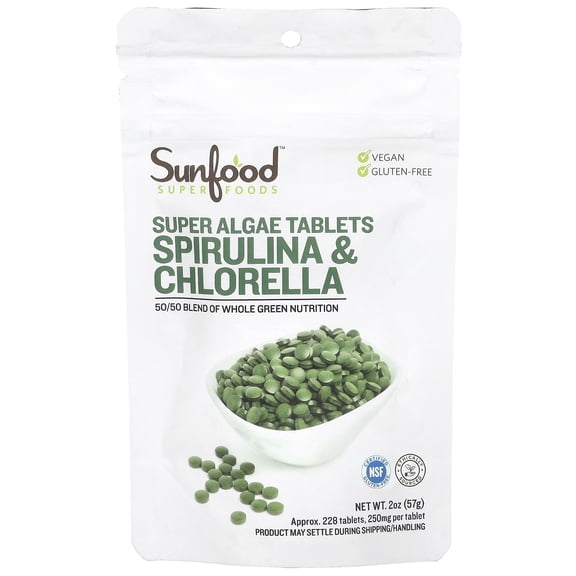 Sunfood Superfoods 2-in-1 Spirulina & Chlorella Tablets for Immune Support, 2 Oz