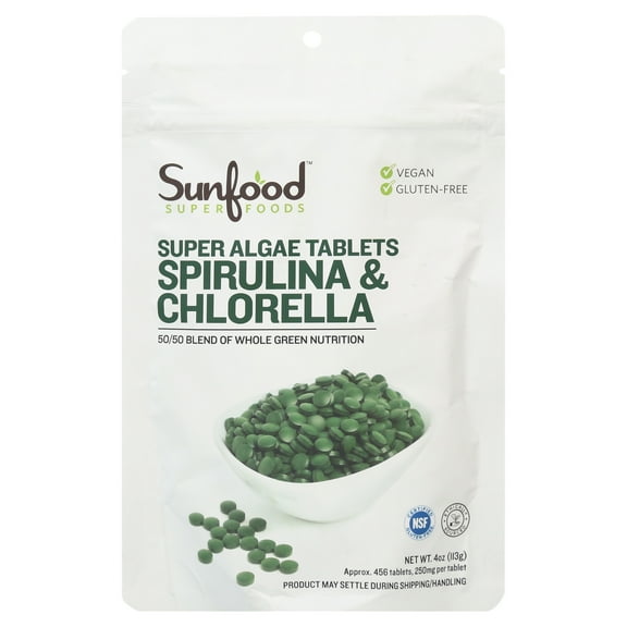 Sunfood Superfoods 2-in-1 Spirulina & Chlorella Tablets for Immune Support, 4 Oz