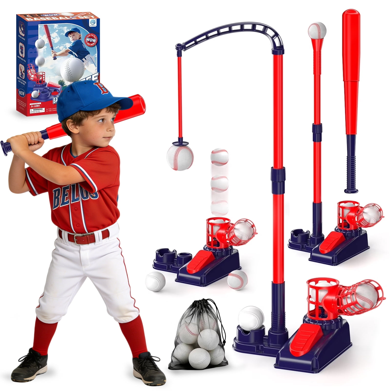 Mini Baseball Set Sunforu 3-in-1 Baseball Set for Kids, T-Ball Set with Adjustable Height ...