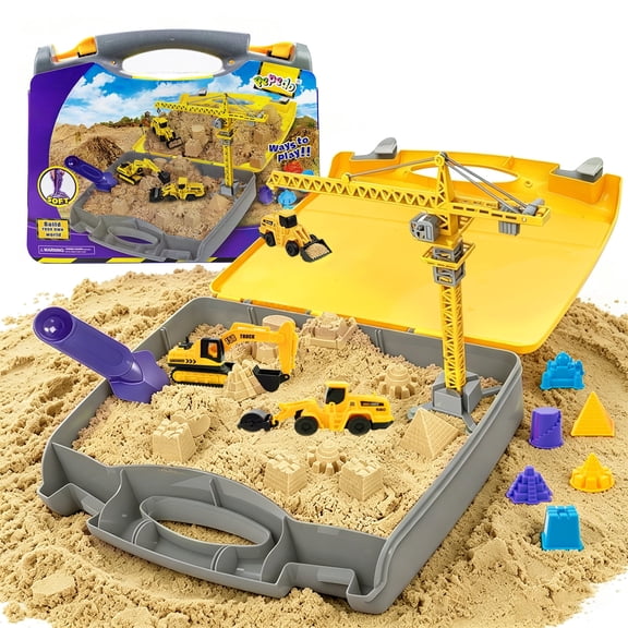 Sunforu Construction Sand Box Set, 2.2 lbs Kinetic Sand, Sensory Bin with Crane & 3 Trucks, 6 Molds