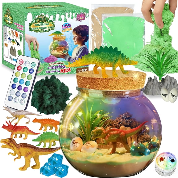 Sunforu Dinosaur Terrarium Kit with 13-Color LED Night Light & Remote, DIY Prehistoric Garden, Creative Craft Toy, Unique Birthday Christmas Gift for Kids Boys Girls Ages 6+