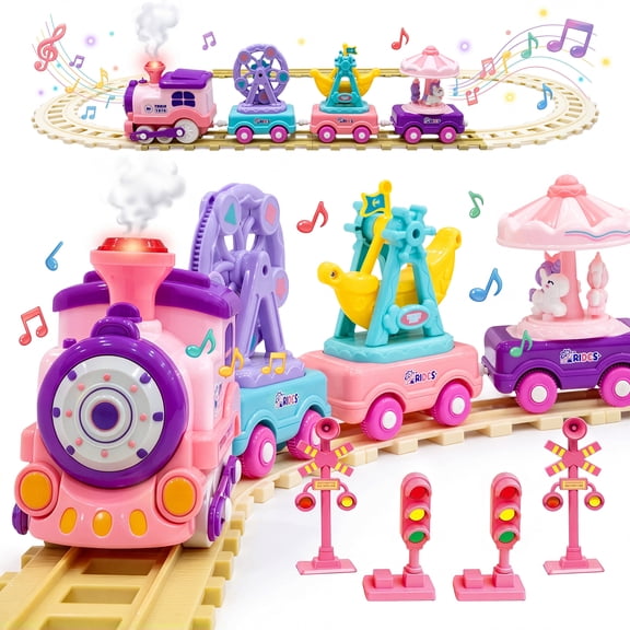 Sunforu Electric Train Set for Kids, Magnetic Amusement Park Track Playset with Steam, Lights & Music, Moving Ferris Wheel, Carousel & Pirate Ship Cars, Train Set for Toddlers 3+