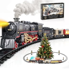 Sunforu Electric Train Set for Kids, Vintage Locomotive Railway Toy with 4-Car Locomotive Train Toy with Lights & Sounds, 16 Tracks, 48 Connectors, Ages 3+