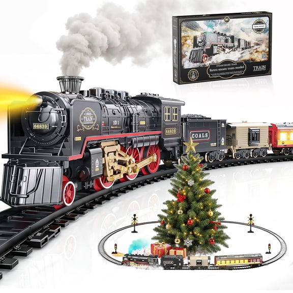 Sunforu Electric Train Set for Kids, Vintage Locomotive Railway Toy with 4-Car Locomotive Train Toy with Lights & Sounds, 16 Tracks, 48 Connectors, Ages 3+