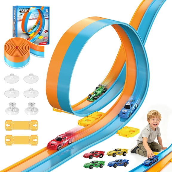 Sunforu Flexible Race Track Set for Kids, 15 Ft Bendable Car Track with 4 Cars and Suction Cups, Portable Foldable Toy Car Track for Boys & Girls Ages 3+