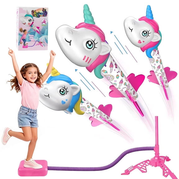 Sunforu Unicorn Rocket Launcher for Kids, Pink Stomping Toy with 3 Foam Rockets & Tripod Stand, Air Powered Outdoor Toys for Girls Ages 3-8