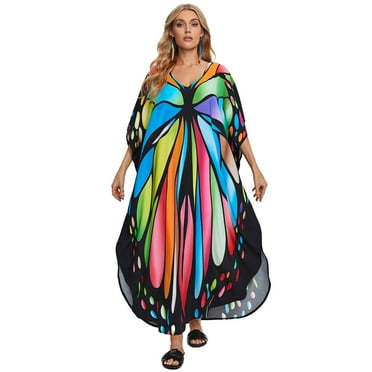 Women's Floral Silk Feeling Plus Size Caftan - Turkish Ethnic Print Summer Kaftan Dress