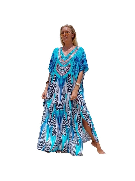 Kafan Dresses for Women Moo Moos Bathing suit Cover up Blue Strip Plus size Caftans Loungewear