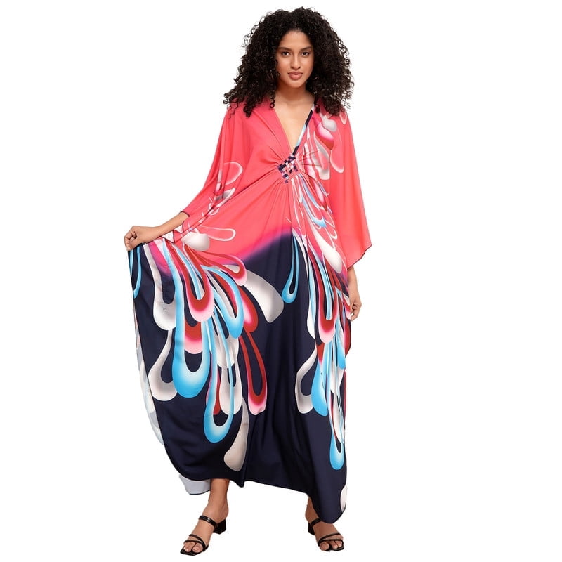 Women Floral Plus Size Beach Cover Up Long Maxi Polyester Kaftan