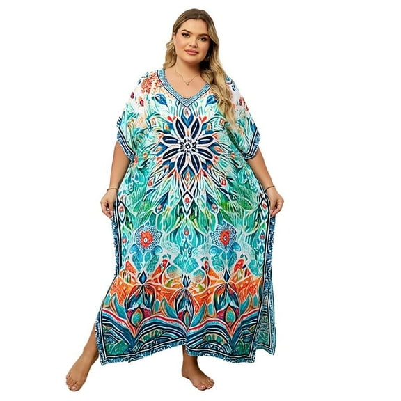 Sunforyou Women Print Kaftan Dresses Plus Size Swimsuit Coverup Summer House Dress Caftan Loungewear