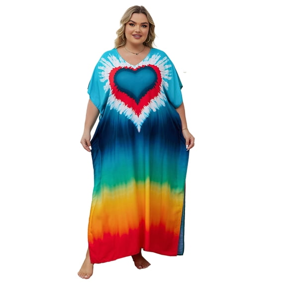 Sunforyou Women Print Kaftan Dresses Plus Size Swimsuit Coverup Summer House Dress Caftan Loungewear