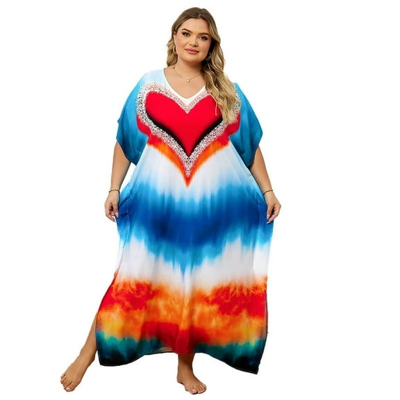 Sunforyou Women Print Kaftan Dresses Plus Size Swimsuit Coverup Summer House Dress Caftan Loungewear