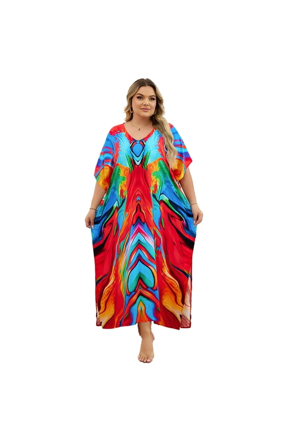 Women Print Kaftan Dresses Plus Size Swimsuit Coverup 2025 Summer House Dress Caftan Loungewear