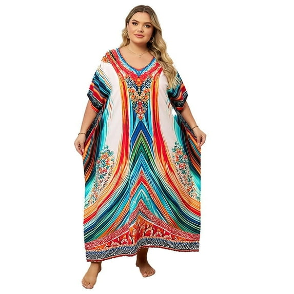 Sunforyou Women Print Kaftan Dresses Plus Size Swimsuit Coverup Summer House Dress Caftan Loungewear