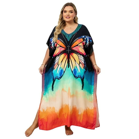 Sunforyou Women Print Kaftan Dresses Plus Size Swimsuit Coverup Summer House Dress Caftan Loungewear