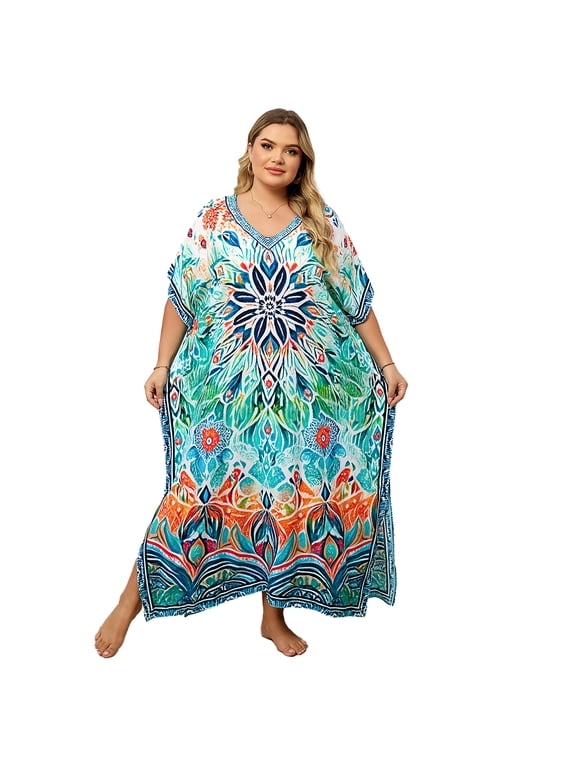 Women Print Kaftan Dresses Plus Size Swimsuit Coverup 2025 Summer House Dress Caftan Loungewear