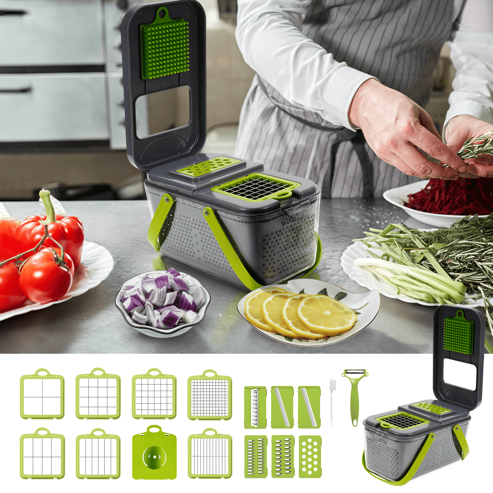 Cheese Grater with Food Saver Container 2 in1 Fruit Vegetable Chopper Onion Choppers with Container Stainless Steel Rectangle Box and Graters, Black