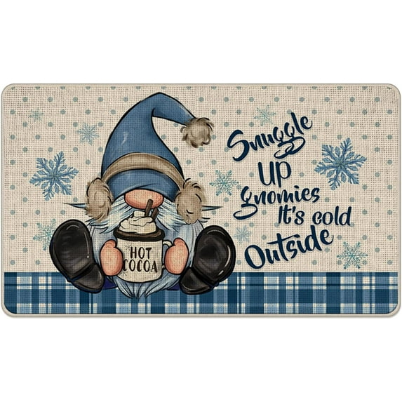 Sunggle Up Gnomies It''s Cold Outside Decorative Front Door Mat, Winter Gnome Plaid Snowflake Doormat Indoor Outdoor Non-Slip Floor Entryway Rug, Christmas Home Kitchen Decoration 17x30 Inch