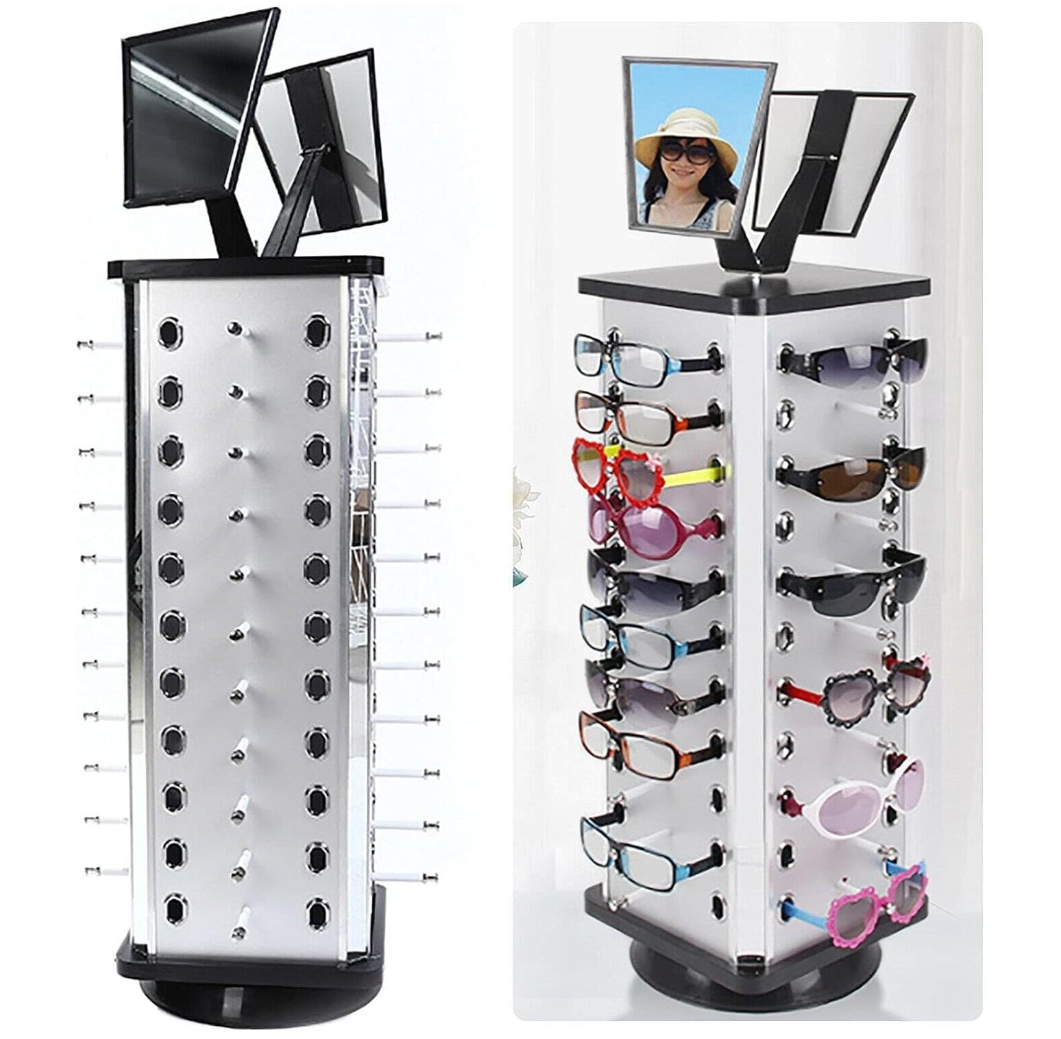 Sunglass Display Stand Holder Sunglasses Rack for 44 Pairs of Glasses, 360Rotating Eyeglasses Sunglasses Stand Eyewear Display w/Mirror, Countertop Spinning Sunglass Organizer Shelf