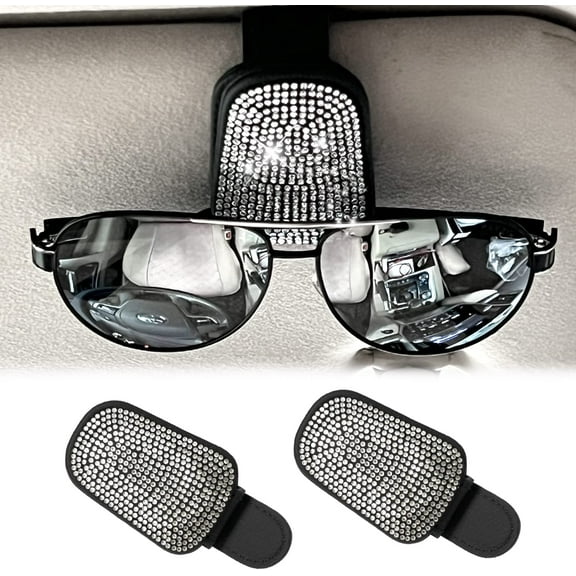 Sunglass Holder for Car, Bling Glasses Holder for Car Sun Visor, 2PCS Handcrafted Crystal Rhinestones Fashion Car Sunglasses Mount, Auto Interior Accessories for Women Girl (Black/Silver)