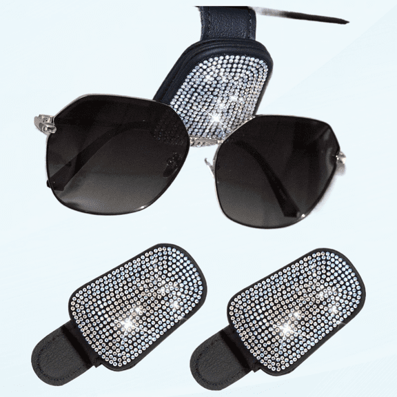 Sunglass Holder for Car, Bling Glasses Holder for Car Sun Visor, 2PCS Handcrafted Crystal Rhinestones Fashion Car Sunglasses Mount, Auto Interior Accessories for Women Girl (Black/Colourful)