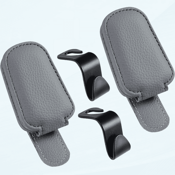 Sunglass Holder for Car Visor, 2 Pack Magnetic Leather Glasses Eyeglass Hanger Clip for Car,Visor Sunglasses Holder and Ticket Card Clip,Eyeglasses Mount for Car Visor Accessories+Hooks-Gray