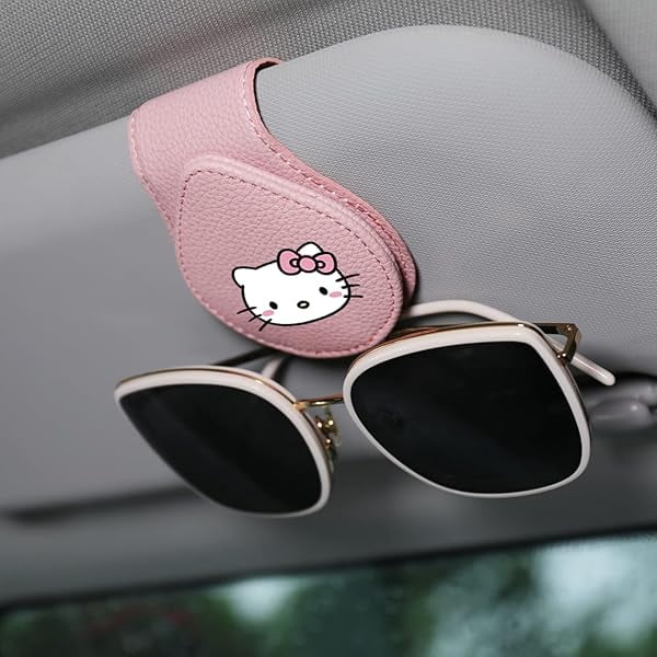 Sunglass Holder for Car Visor, Hello Pink Cat Anime Cute Kitty Cat Kawaii Cartoon Magnet Sunglasses Holder for car, Leather Car Sunglass Holder, Visor Sunglass Holder with Glasses Cards
